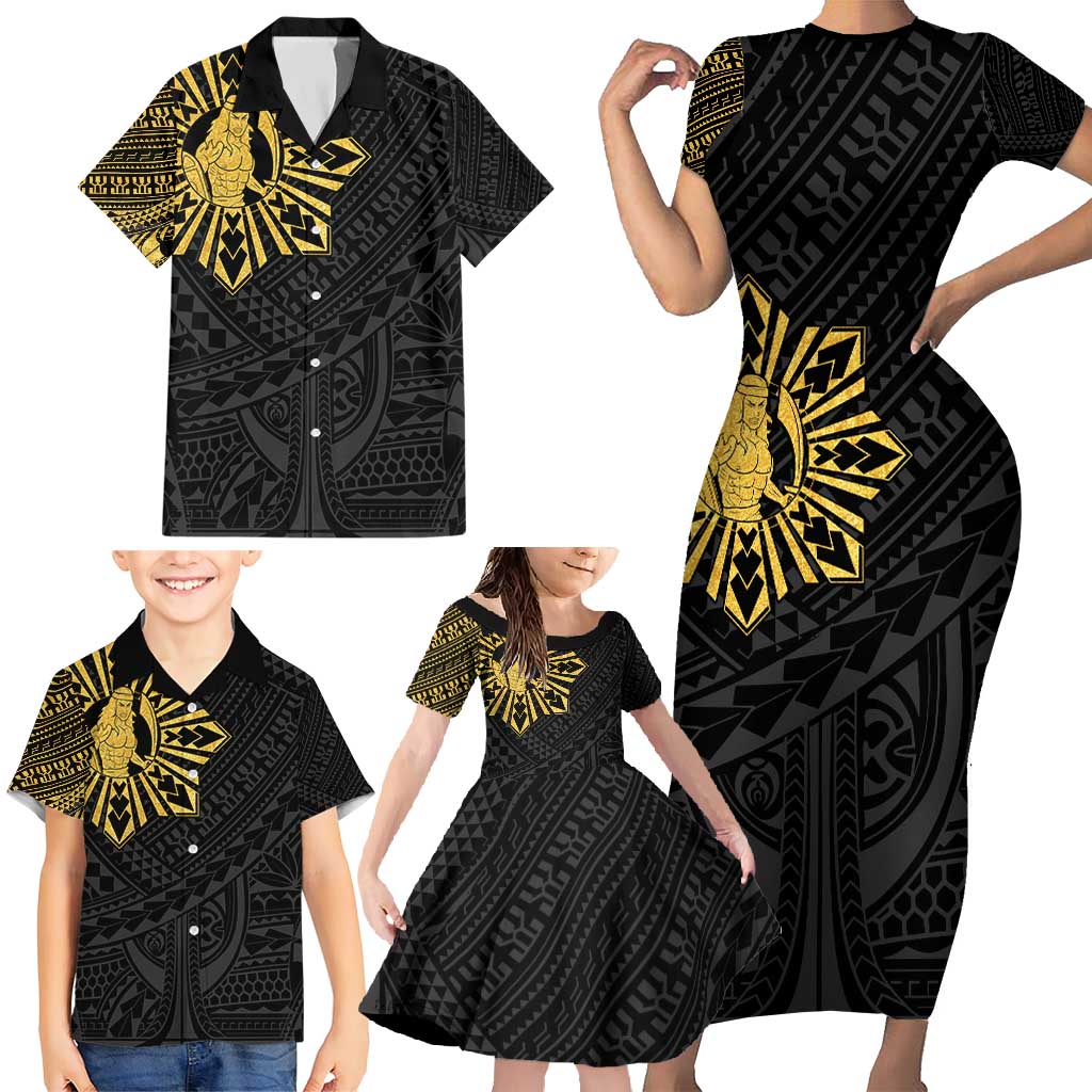 Philippines Tribal Family Matching Short Sleeve Bodycon Dress and Hawaiian Shirt King Lapu Lapu Gold Version
