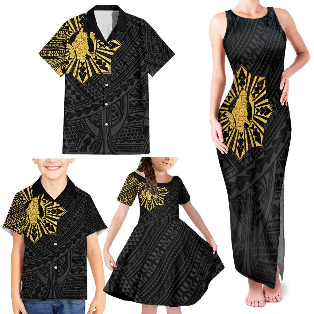 Philippines Tribal Family Matching Tank Maxi Dress and Hawaiian Shirt King Lapu Lapu Gold Version