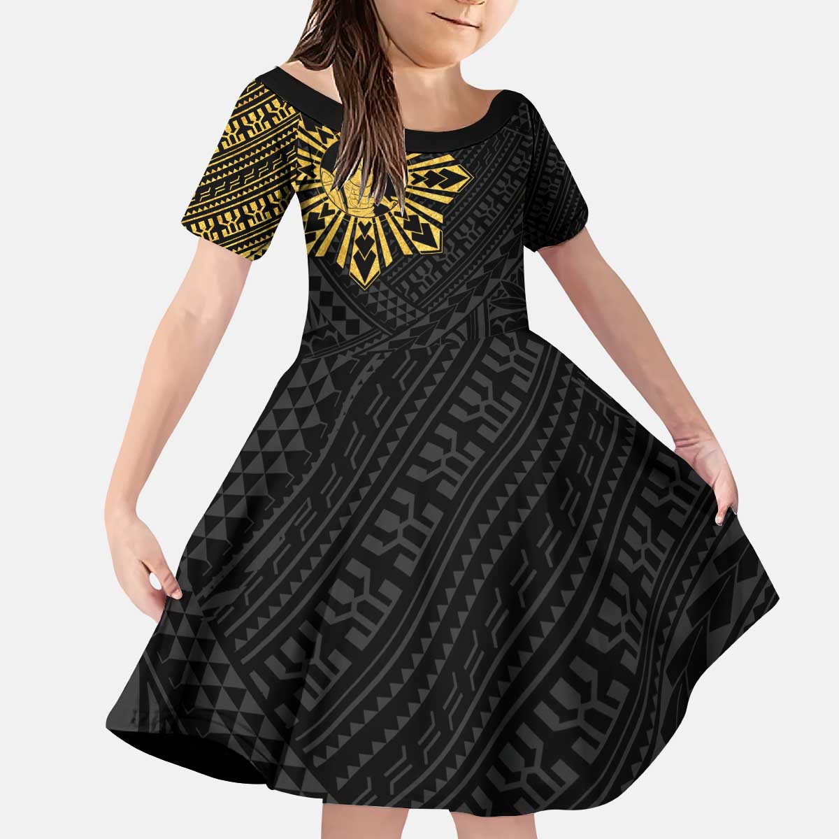 Philippines Tribal Kid Short Sleeve Dress King Lapu Lapu Gold Version