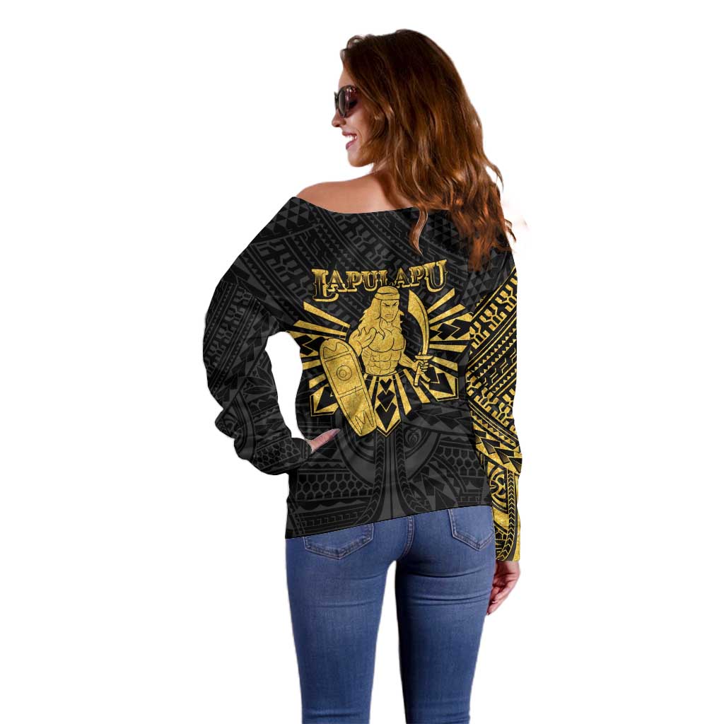 Philippines Tribal Off Shoulder Sweater King Lapu Lapu Gold Version