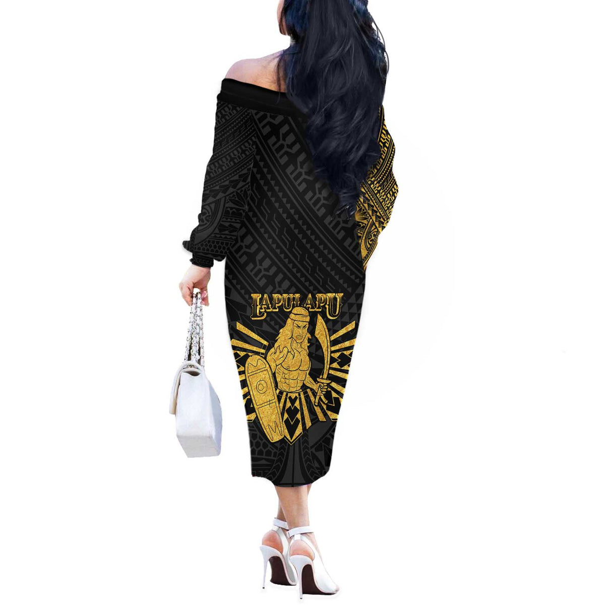Philippines Tribal Off The Shoulder Long Sleeve Dress King Lapu Lapu Gold Version LT05 - Polynesian Pride