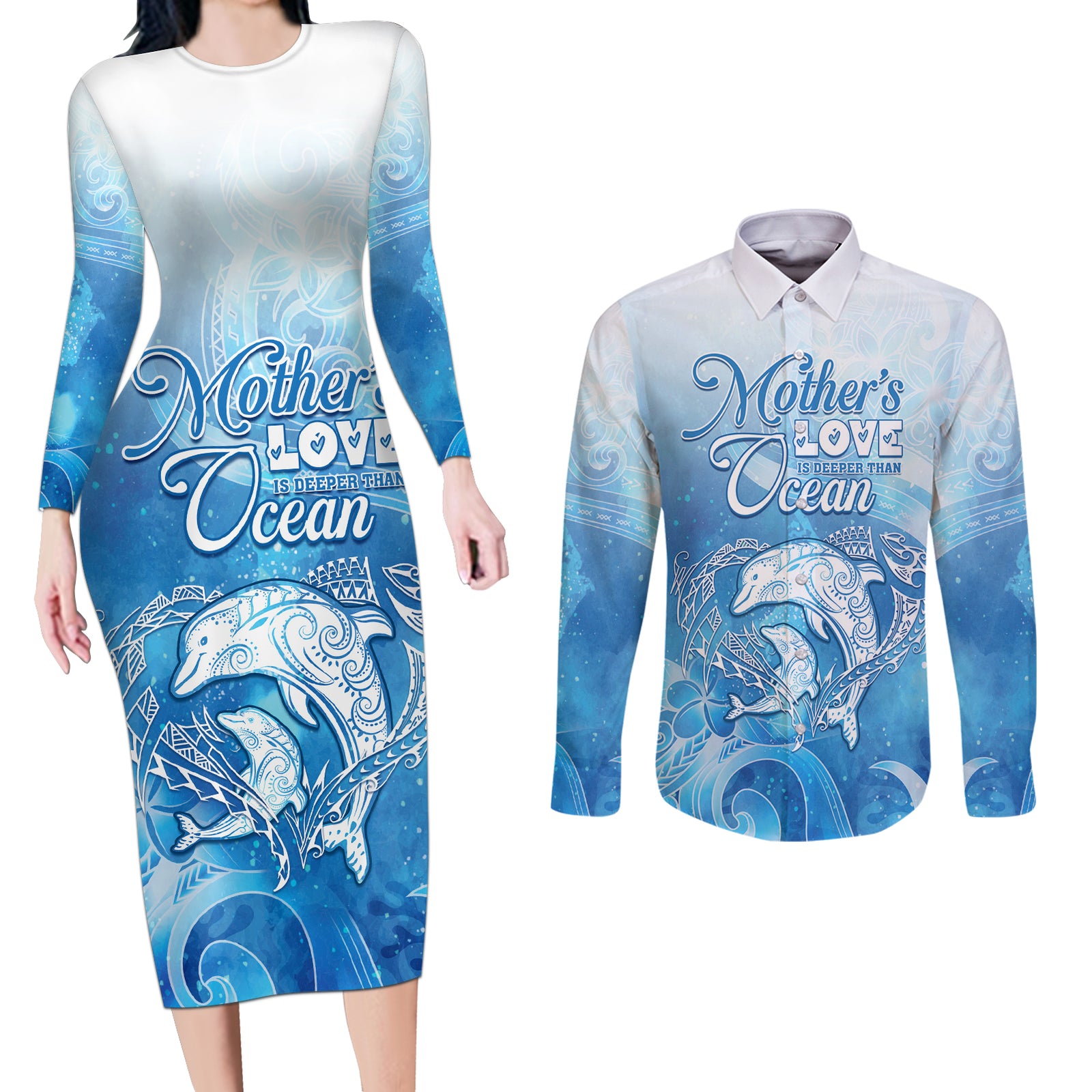 Mother's Love Is Deeper Than Ocean Couples Matching Long Sleeve Bodycon Dress and Long Sleeve Button Shirt Polynesian Style