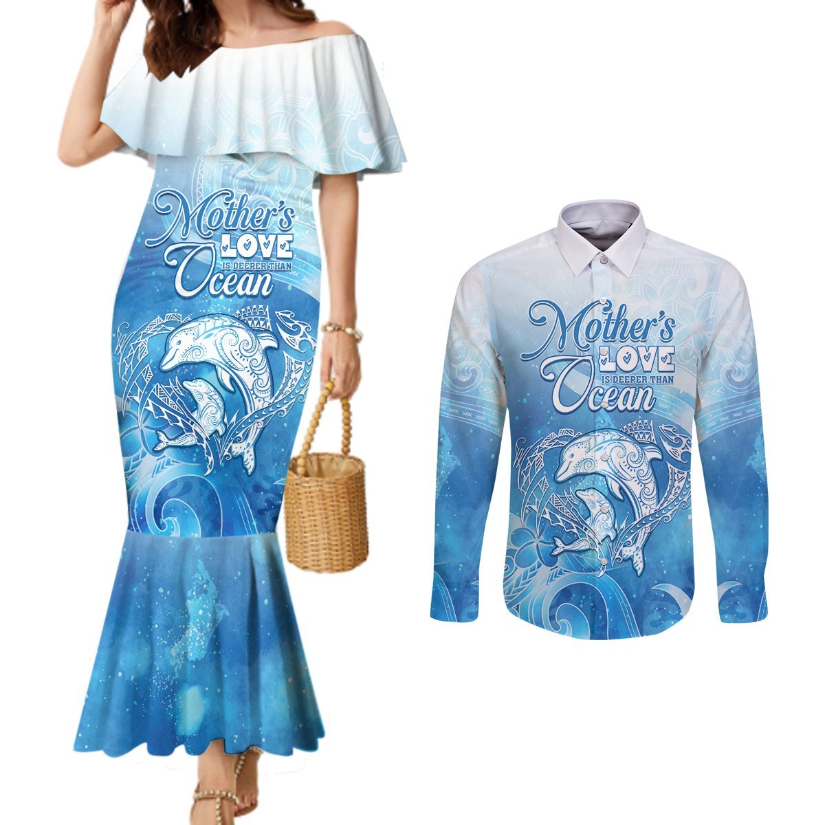 Mother's Love Is Deeper Than Ocean Couples Matching Mermaid Dress and Long Sleeve Button Shirt Polynesian Style LT05 Blue - Polynesian Pride