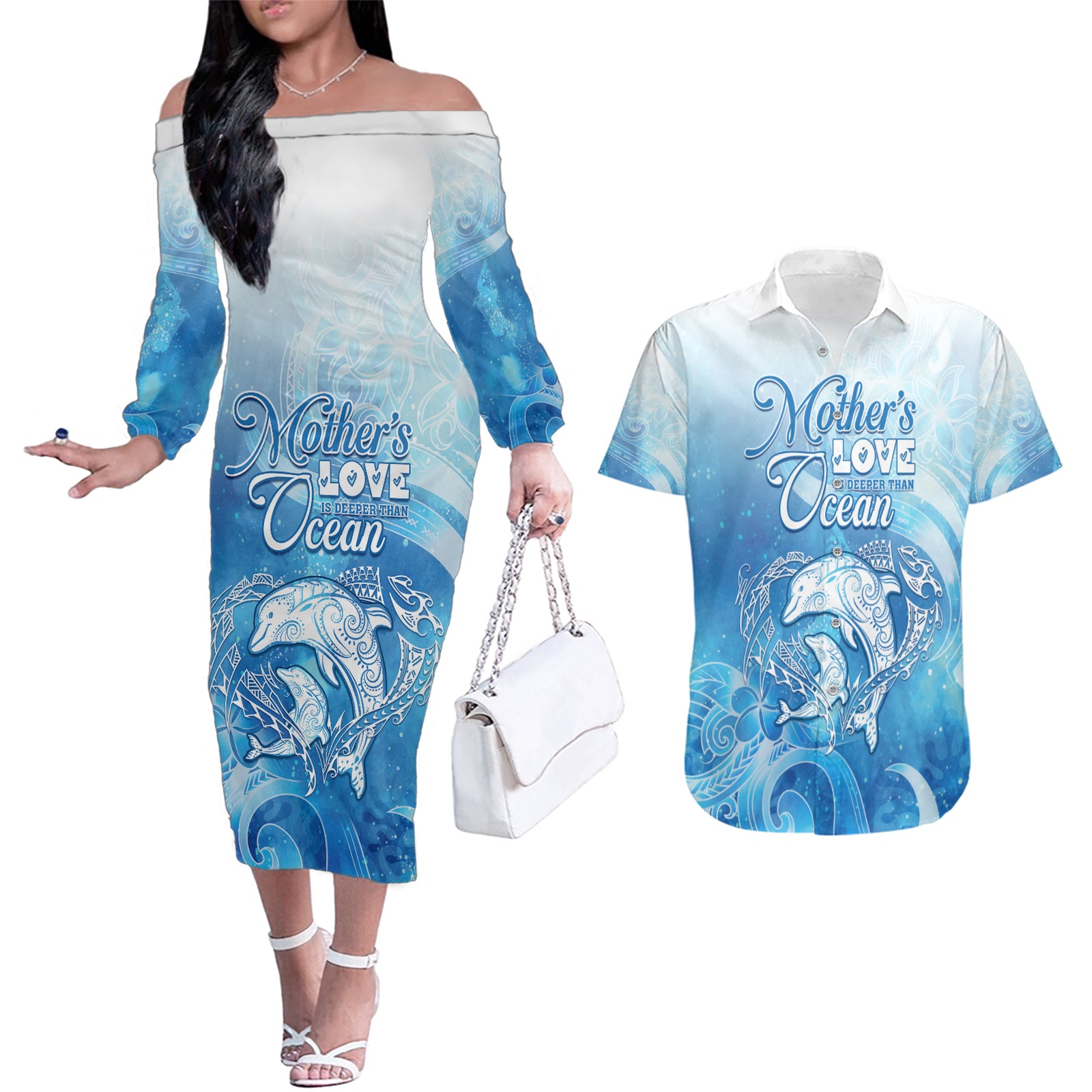 Mother's Love Is Deeper Than Ocean Couples Matching Off The Shoulder Long Sleeve Dress and Hawaiian Shirt Polynesian Style