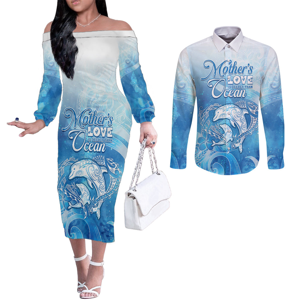 Mother's Love Is Deeper Than Ocean Couples Matching Off The Shoulder Long Sleeve Dress and Long Sleeve Button Shirt Polynesian Style