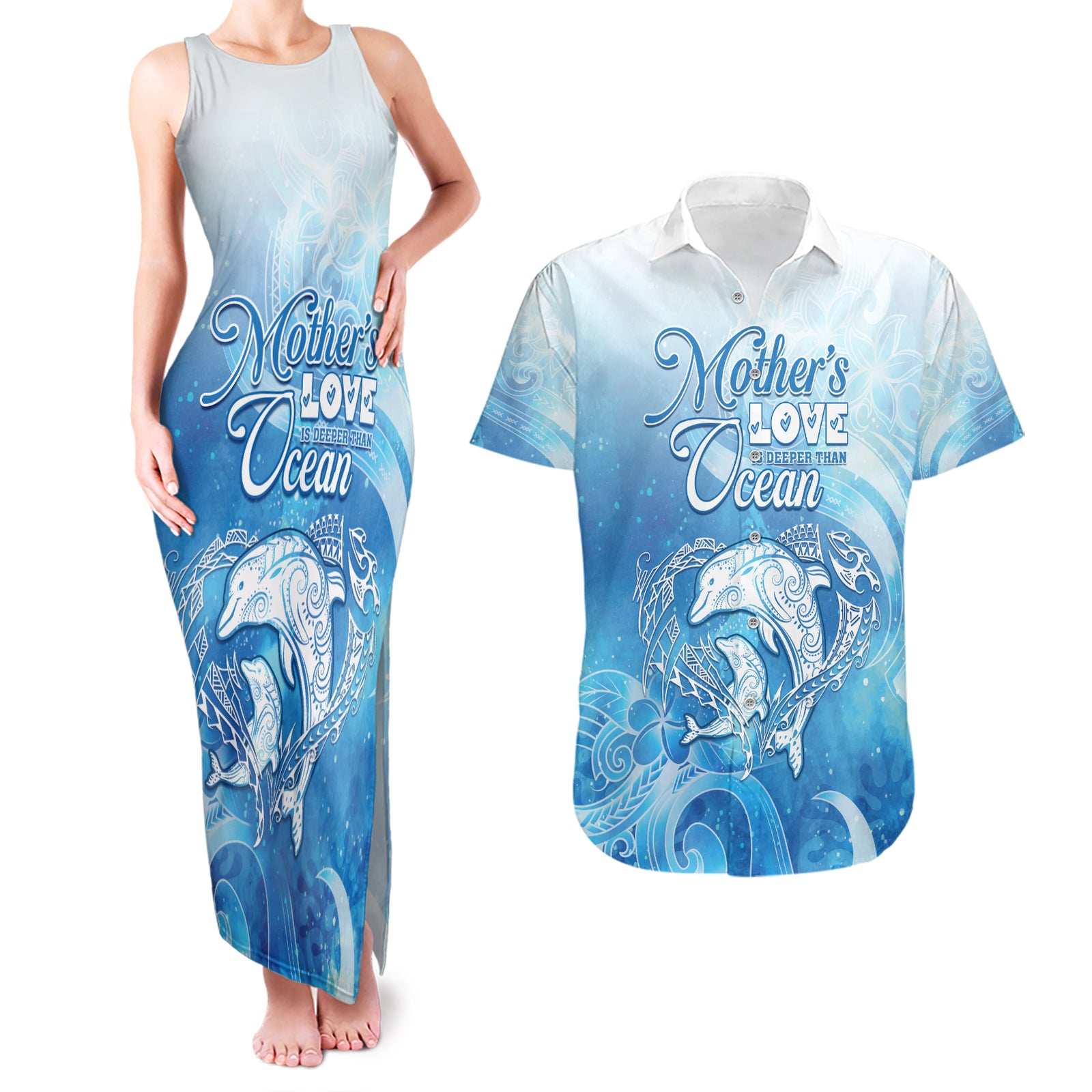 Mother's Love Is Deeper Than Ocean Couples Matching Tank Maxi Dress and Hawaiian Shirt Polynesian Style