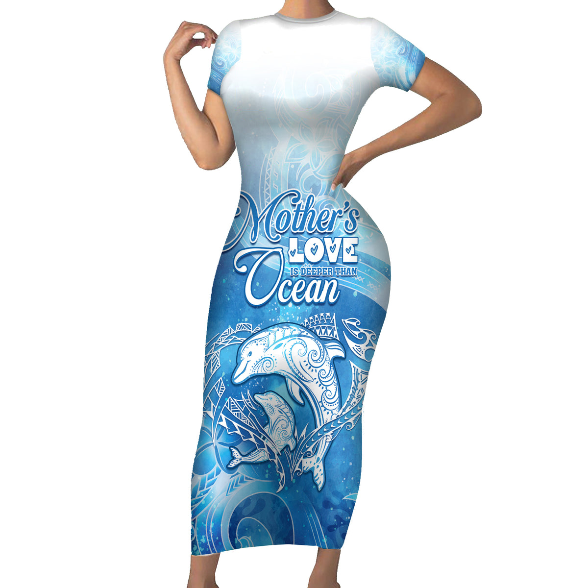 Mother's Love Is Deeper Than Ocean Short Sleeve Bodycon Dress Polynesian Style LT05 Long Dress Blue - Polynesian Pride