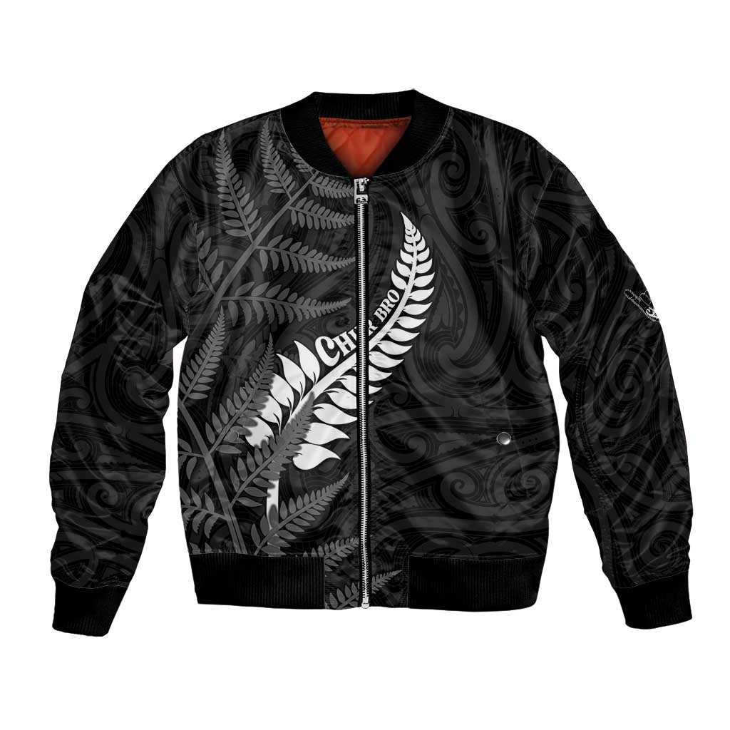 Personalised New Zealand Chur Bro Bomber Jacket Maori Koru With Silver Fern
