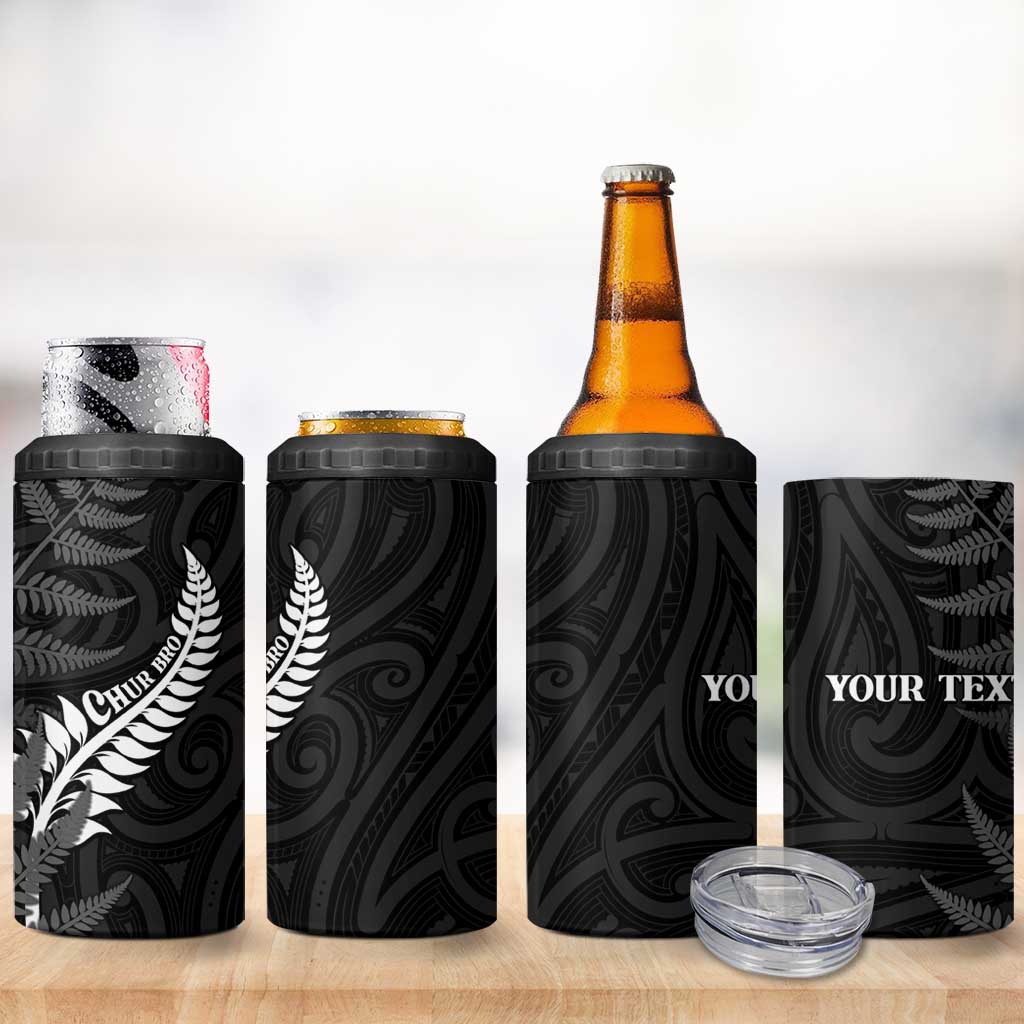 Personalised New Zealand Chur Bro 4 in 1 Can Cooler Tumbler Maori Koru With Silver Fern