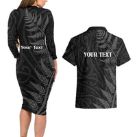 Personalised New Zealand Chur Bro Couples Matching Long Sleeve Bodycon Dress and Hawaiian Shirt Maori Koru With Silver Fern