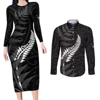 Personalised New Zealand Chur Bro Couples Matching Long Sleeve Bodycon Dress and Long Sleeve Button Shirt Maori Koru With Silver Fern
