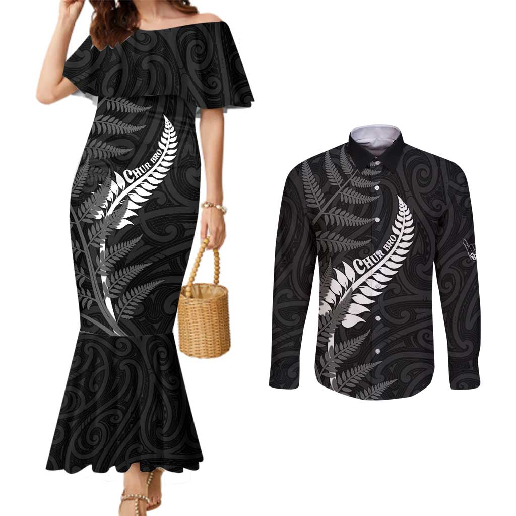 Personalised New Zealand Chur Bro Couples Matching Mermaid Dress and Long Sleeve Button Shirt Maori Koru With Silver Fern