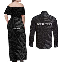 Personalised New Zealand Chur Bro Couples Matching Off Shoulder Maxi Dress and Long Sleeve Button Shirt Maori Koru With Silver Fern