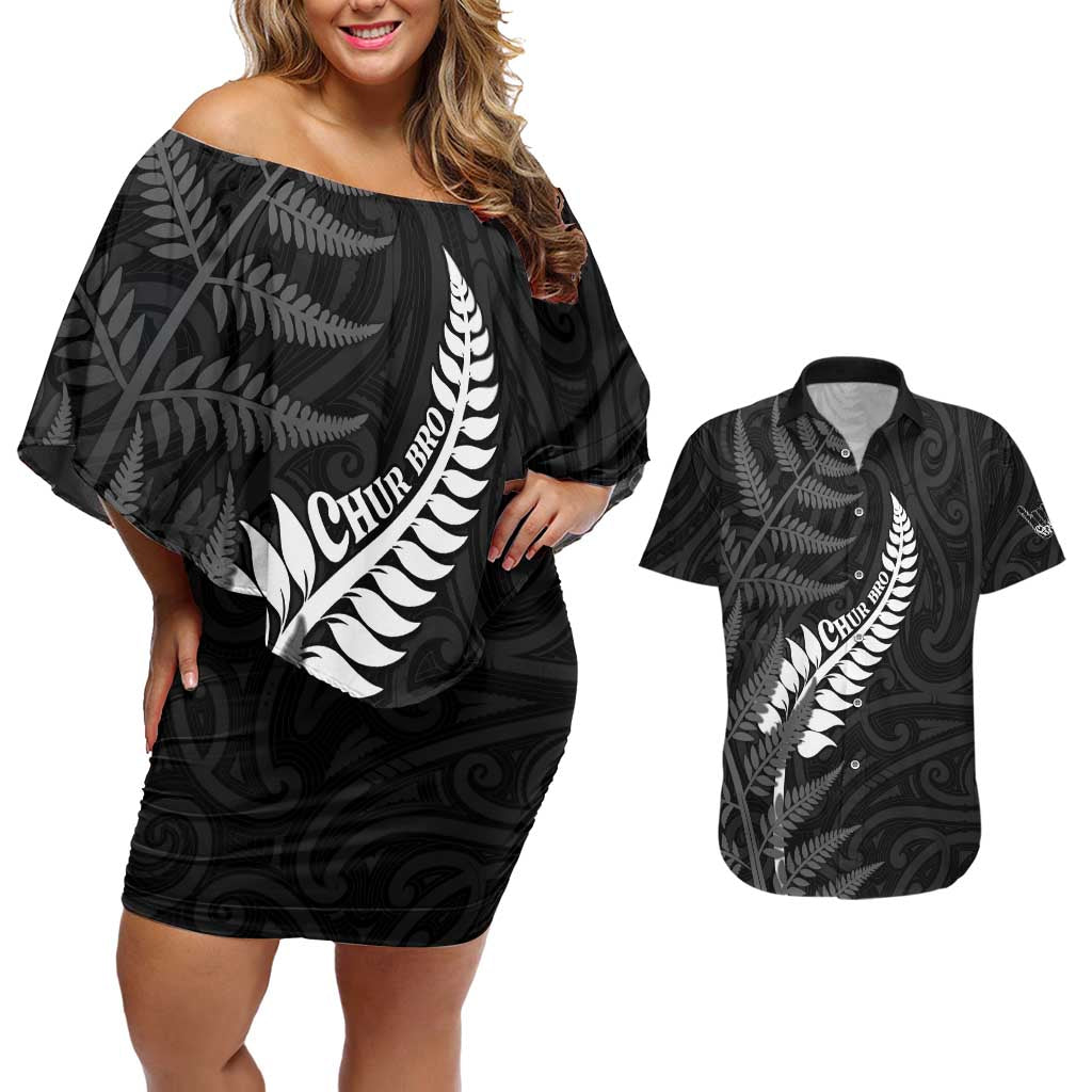 Personalised New Zealand Chur Bro Couples Matching Off Shoulder Short Dress and Hawaiian Shirt Maori Koru With Silver Fern