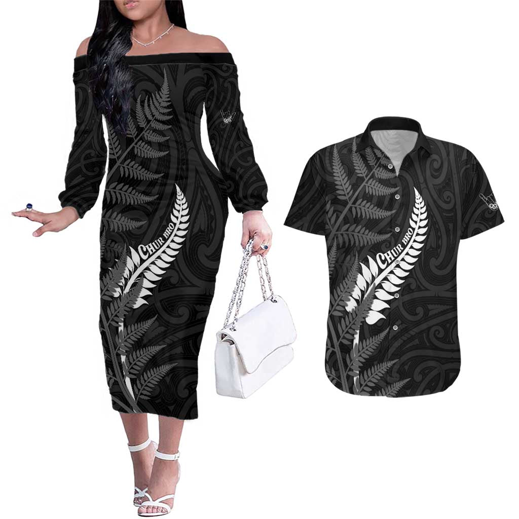 Personalised New Zealand Chur Bro Couples Matching Off The Shoulder Long Sleeve Dress and Hawaiian Shirt Maori Koru With Silver Fern