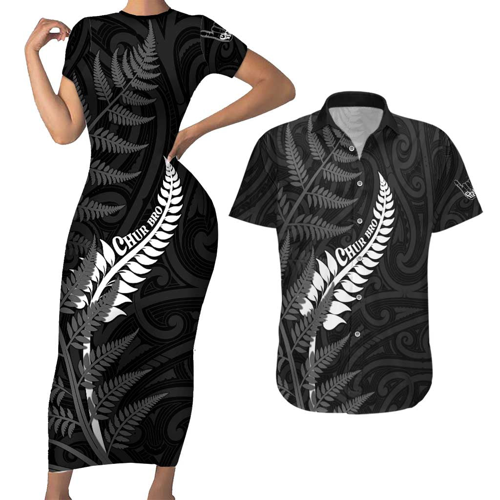 Personalised New Zealand Chur Bro Couples Matching Short Sleeve Bodycon Dress and Hawaiian Shirt Maori Koru With Silver Fern