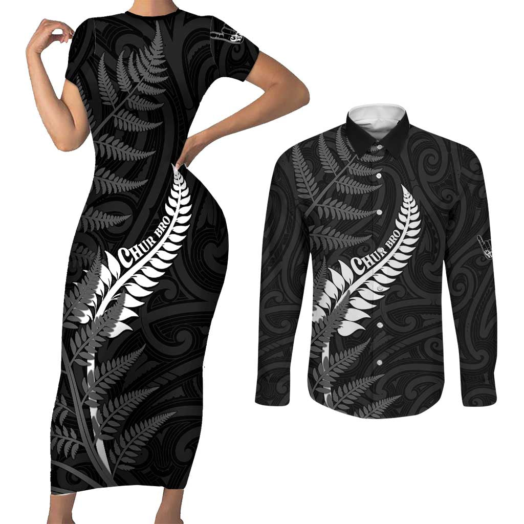 Personalised New Zealand Chur Bro Couples Matching Short Sleeve Bodycon Dress and Long Sleeve Button Shirt Maori Koru With Silver Fern