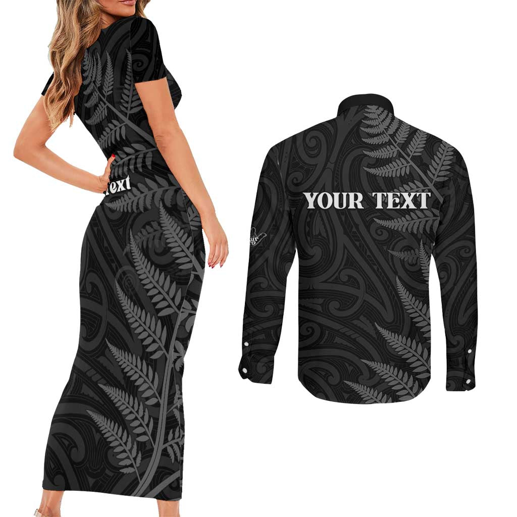 Personalised New Zealand Chur Bro Couples Matching Short Sleeve Bodycon Dress and Long Sleeve Button Shirt Maori Koru With Silver Fern