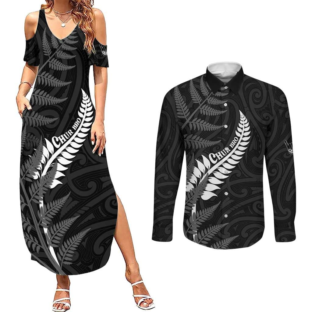 Personalised New Zealand Chur Bro Couples Matching Summer Maxi Dress and Long Sleeve Button Shirt Maori Koru With Silver Fern