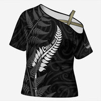 Personalised New Zealand Chur Bro Cross Shoulder Shirt Maori Koru With Silver Fern LT05 Female Black - Polynesian Pride