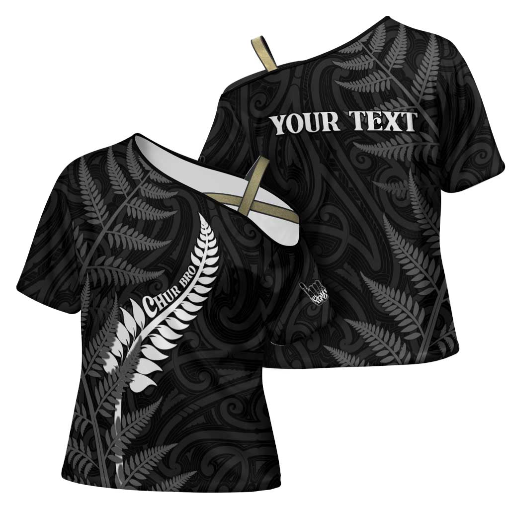 Personalised New Zealand Chur Bro Cross Shoulder Shirt Maori Koru With Silver Fern LT05 - Polynesian Pride