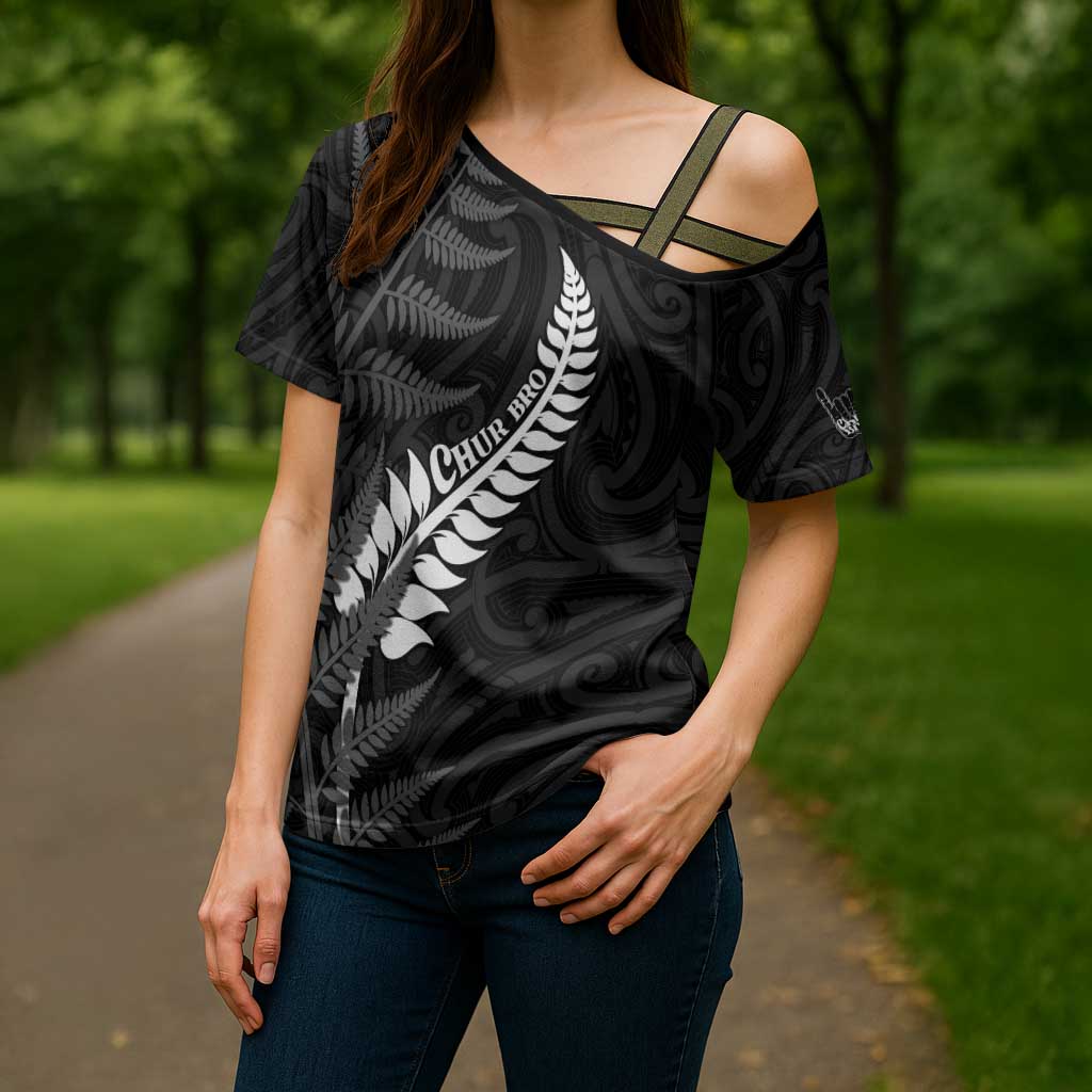 Personalised New Zealand Chur Bro Cross Shoulder Shirt Maori Koru With Silver Fern LT05 - Polynesian Pride
