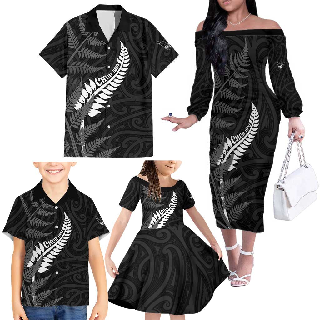 Personalised New Zealand Chur Bro Family Matching Off The Shoulder Long Sleeve Dress and Hawaiian Shirt Maori Koru With Silver Fern