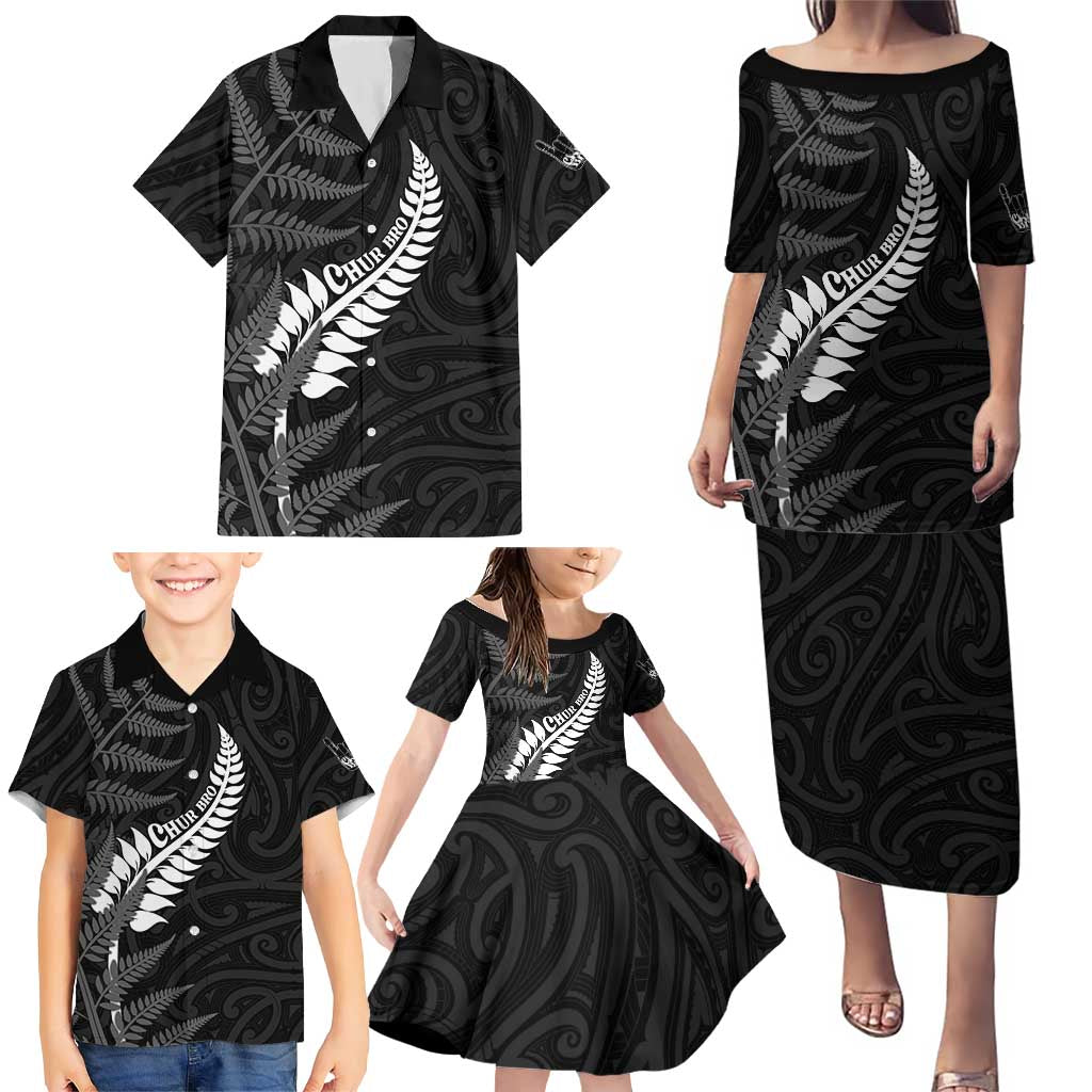 Personalised New Zealand Chur Bro Family Matching Puletasi and Hawaiian Shirt Maori Koru With Silver Fern