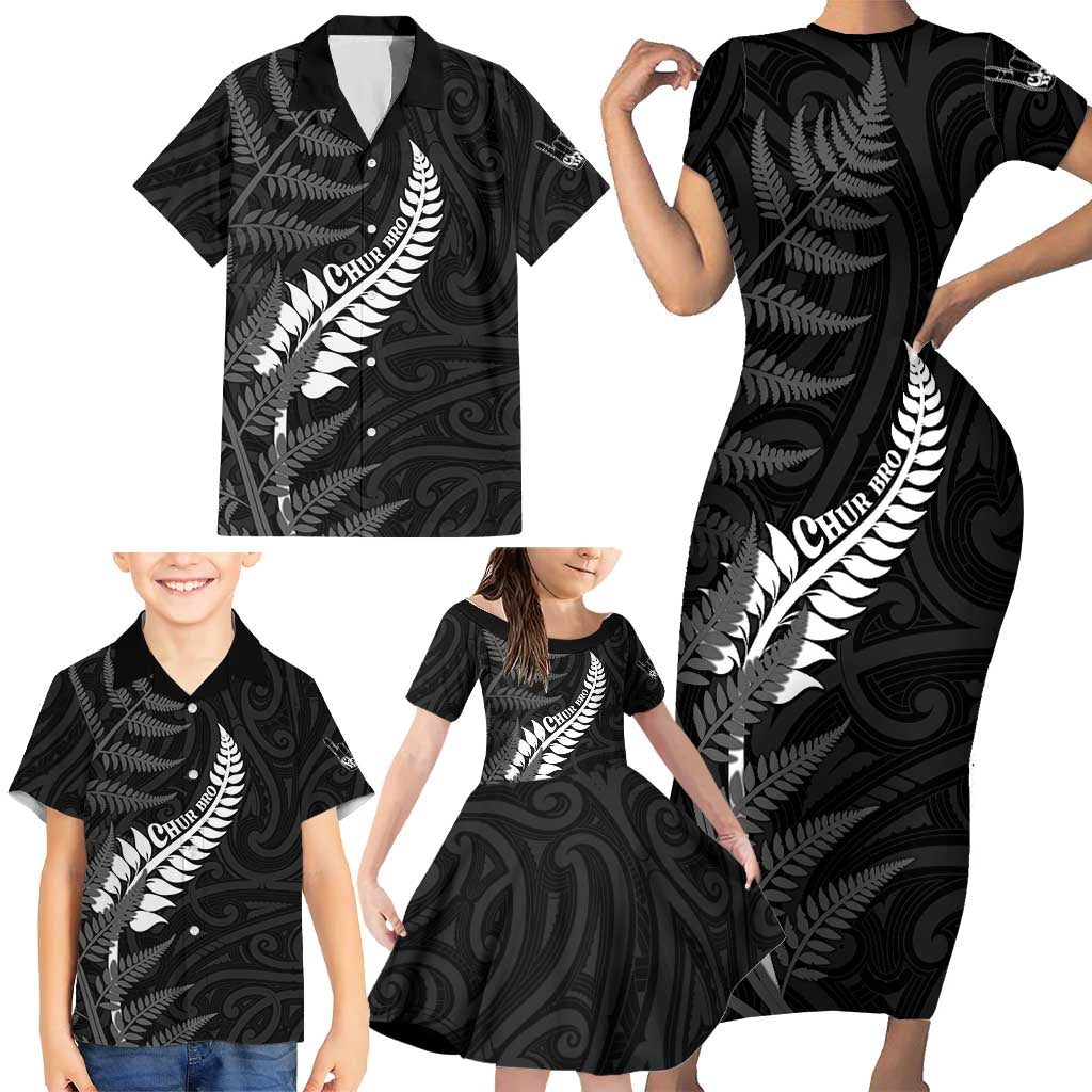 Personalised New Zealand Chur Bro Family Matching Short Sleeve Bodycon Dress and Hawaiian Shirt Maori Koru With Silver Fern