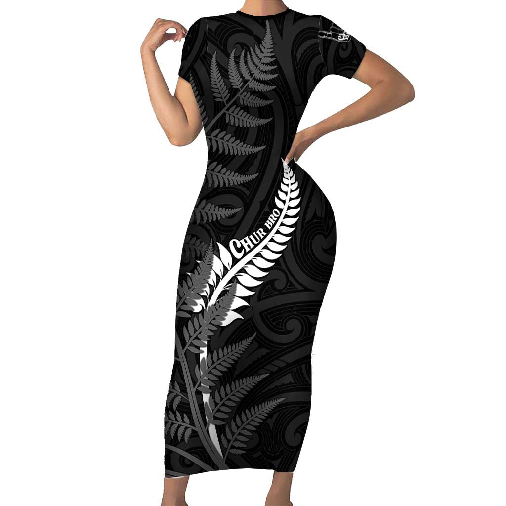 Personalised New Zealand Chur Bro Family Matching Short Sleeve Bodycon Dress and Hawaiian Shirt Maori Koru With Silver Fern