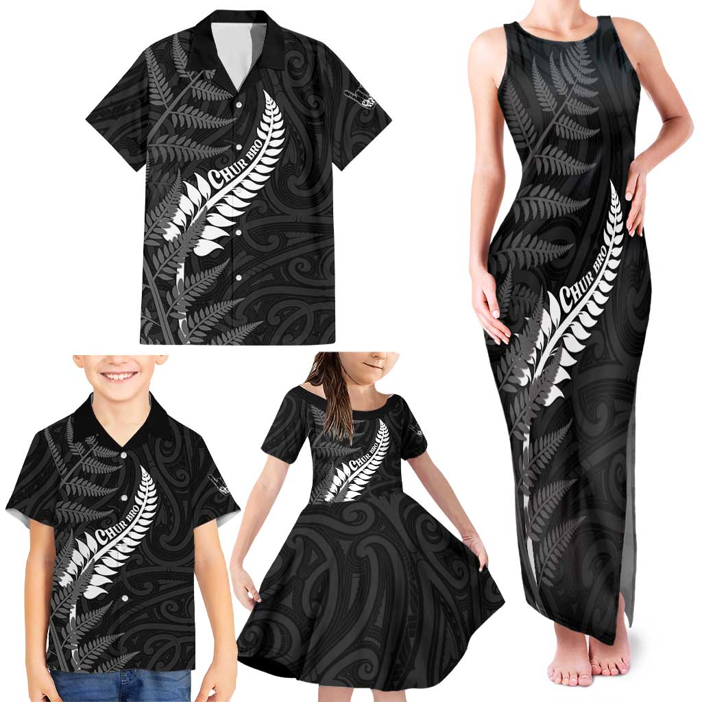 Personalised New Zealand Chur Bro Family Matching Tank Maxi Dress and Hawaiian Shirt Maori Koru With Silver Fern