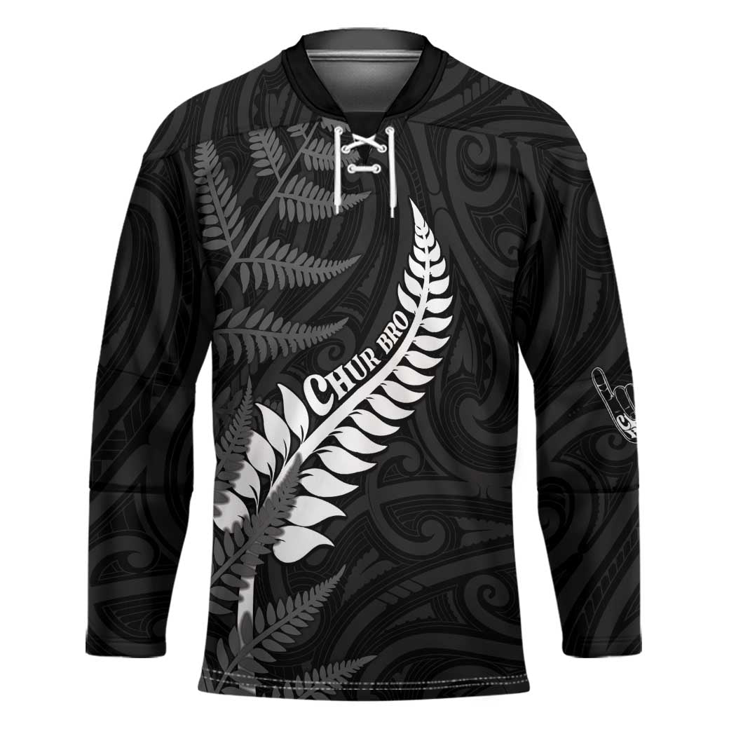 Personalised New Zealand Chur Bro Hockey Jersey Maori Koru With Silver Fern LT05 Unisex Black - Polynesian Pride