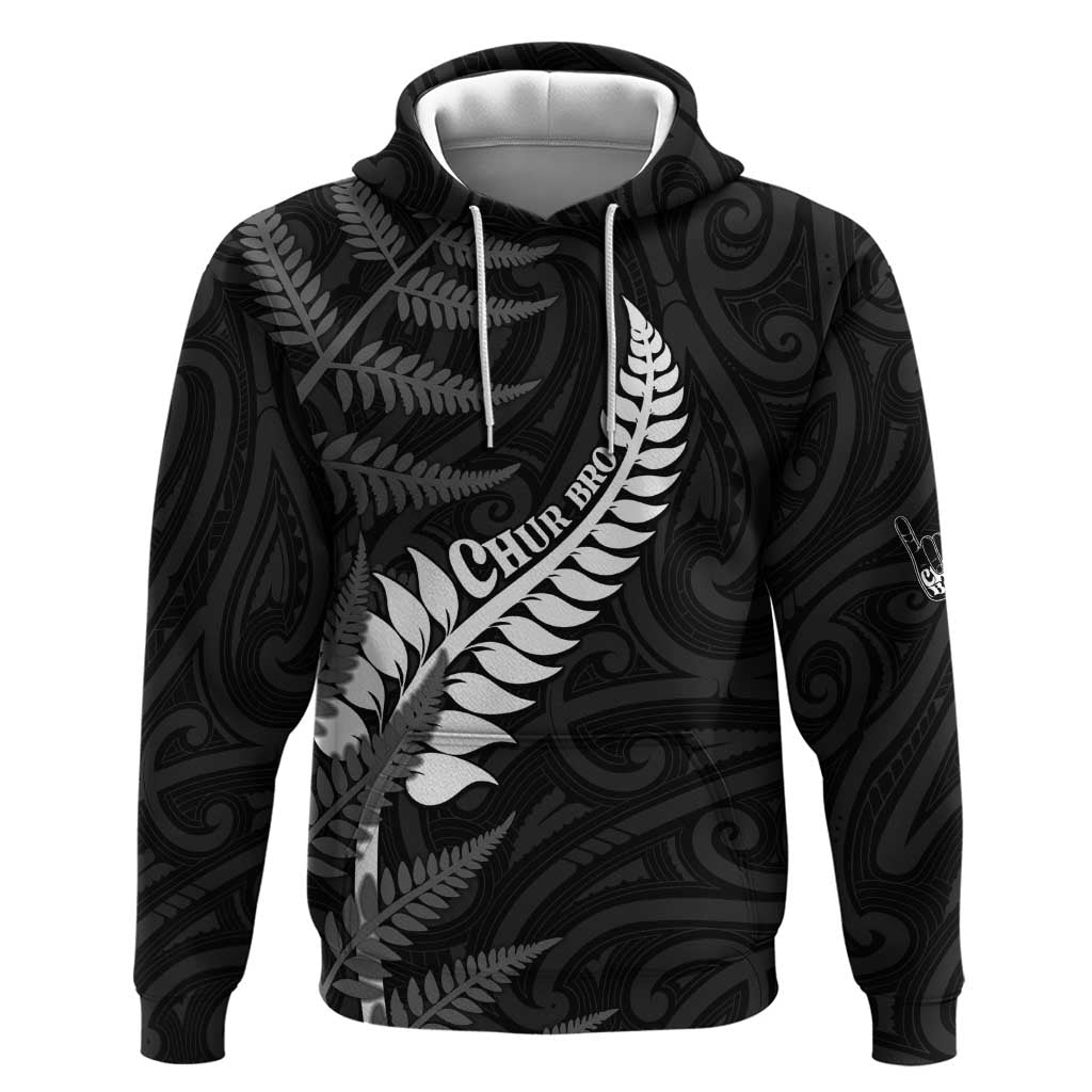 Personalised New Zealand Chur Bro Hoodie Maori Koru With Silver Fern LT05 Pullover Hoodie Black - Polynesian Pride