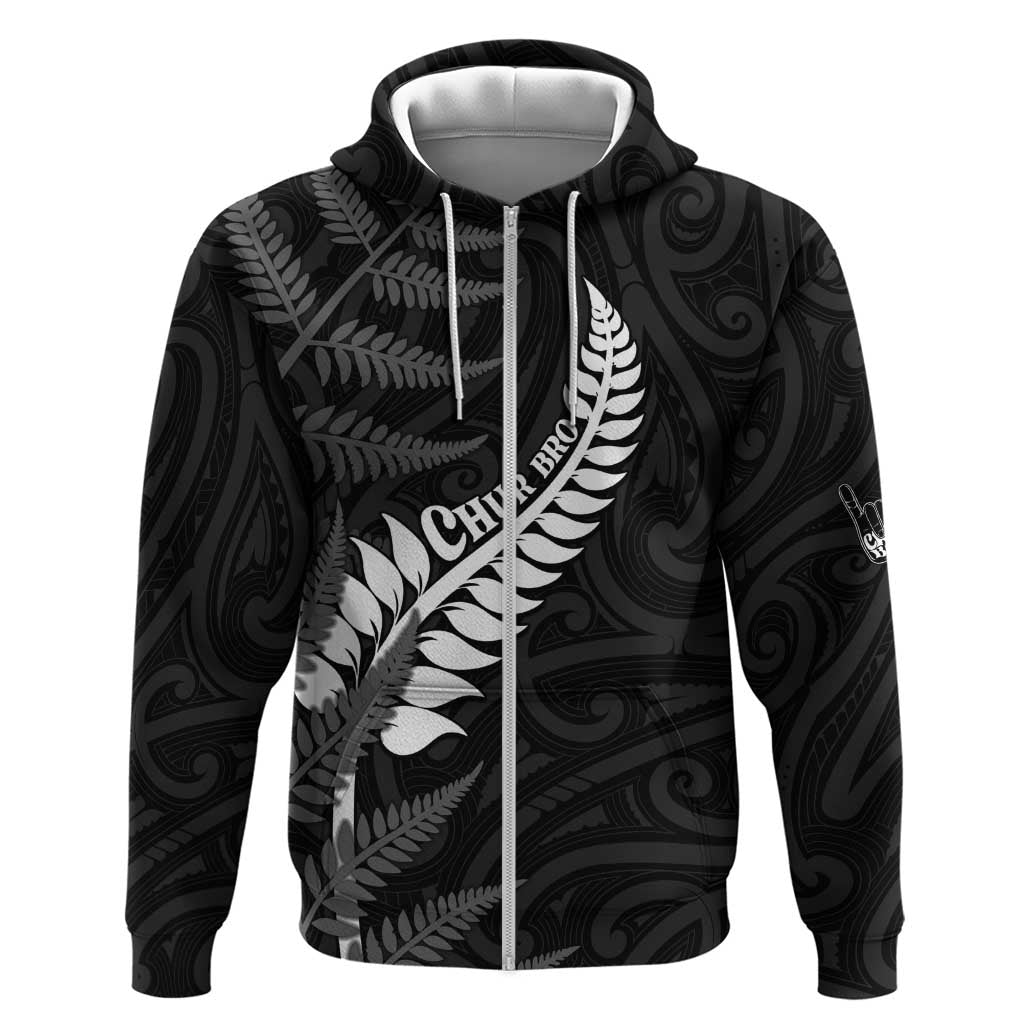 Personalised New Zealand Chur Bro Hoodie Maori Koru With Silver Fern LT05 Zip Hoodie Black - Polynesian Pride