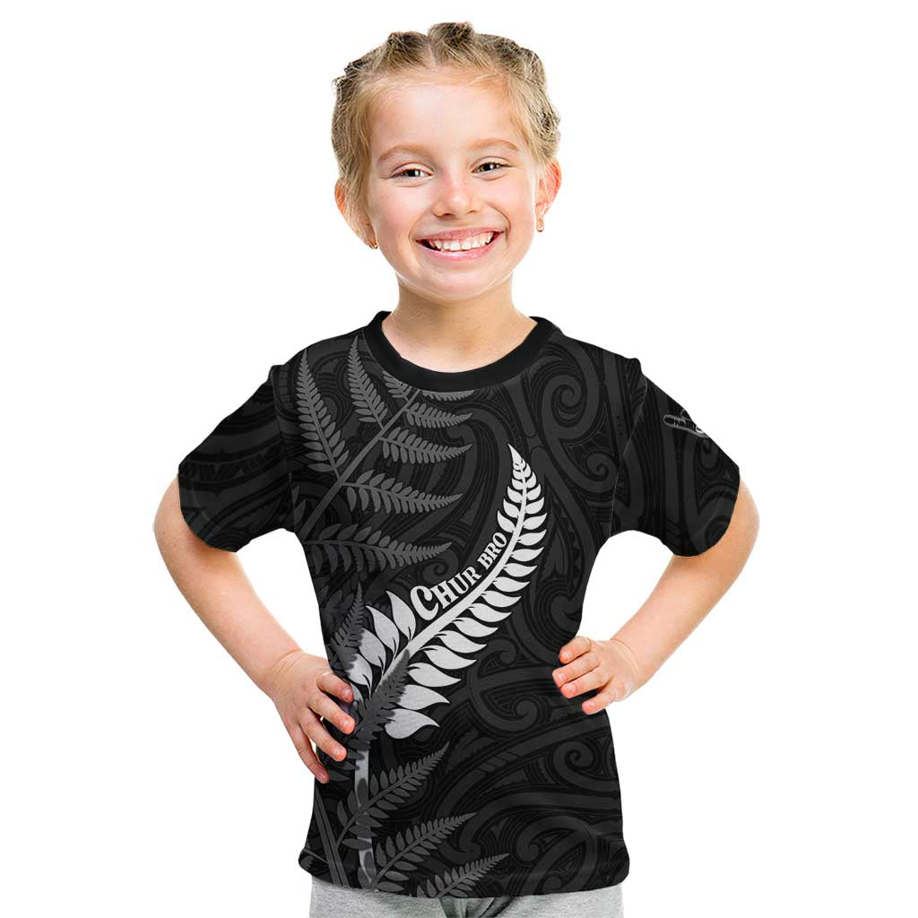 Personalised New Zealand Chur Bro Kid T Shirt Maori Koru With Silver Fern