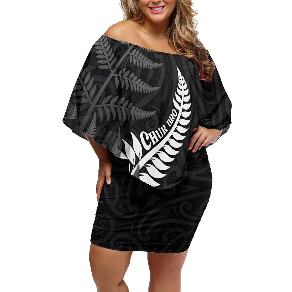 Personalised New Zealand Chur Bro Off Shoulder Short Dress Maori Koru With Silver Fern LT05 Women Black - Polynesian Pride