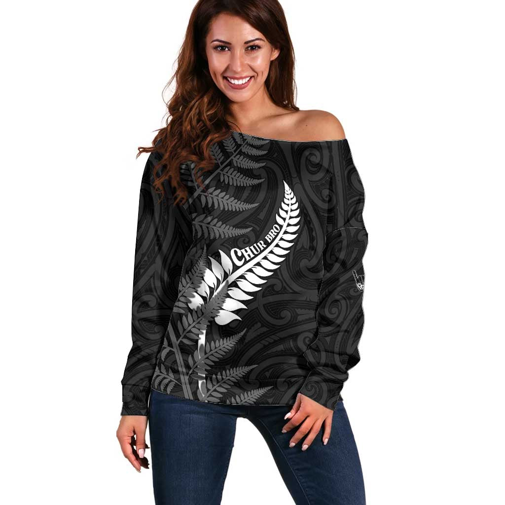 Personalised New Zealand Chur Bro Off Shoulder Sweater Maori Koru With Silver Fern
