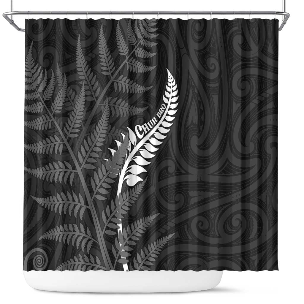 New Zealand Chur Bro Shower Curtain Maori Koru With Silver Fern LT05 Black - Polynesian Pride