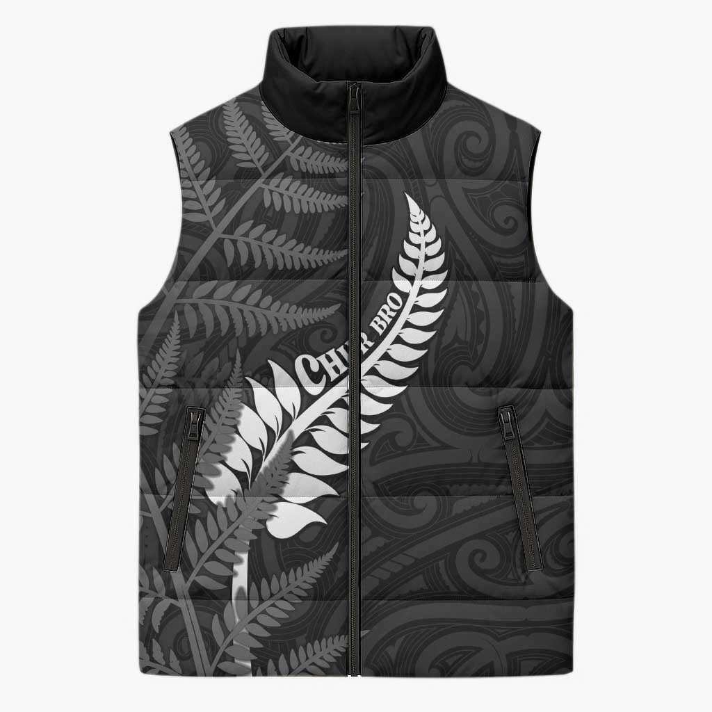 Personalised New Zealand Chur Bro Sleeveless Puffer Jacket Maori Koru With Silver Fern