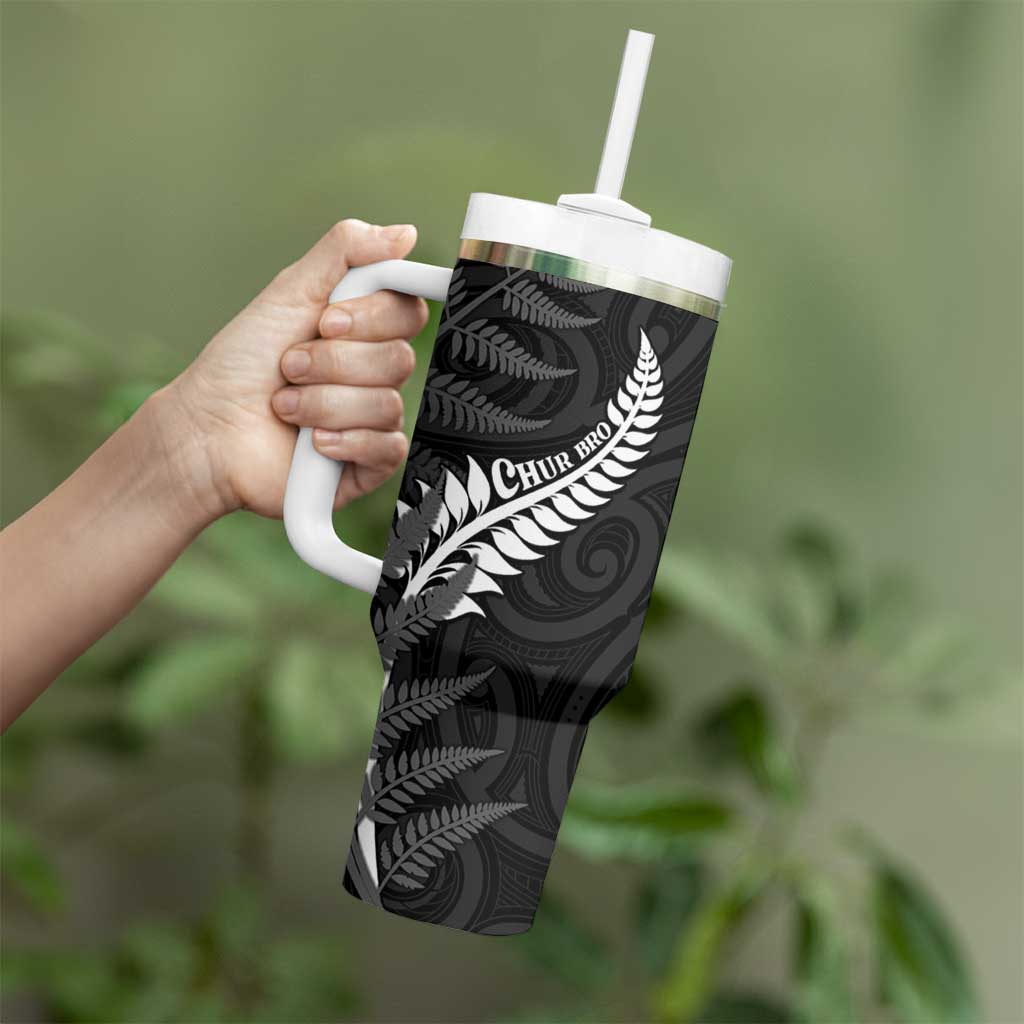 Personalised New Zealand Chur Bro Tumbler With Handle Maori Koru With Silver Fern