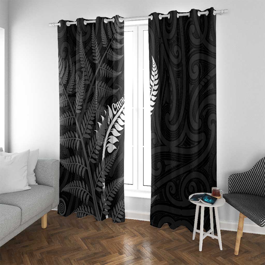 New Zealand Chur Bro Window Curtain Maori Koru With Silver Fern LT05 With Grommets Black - Polynesian Pride