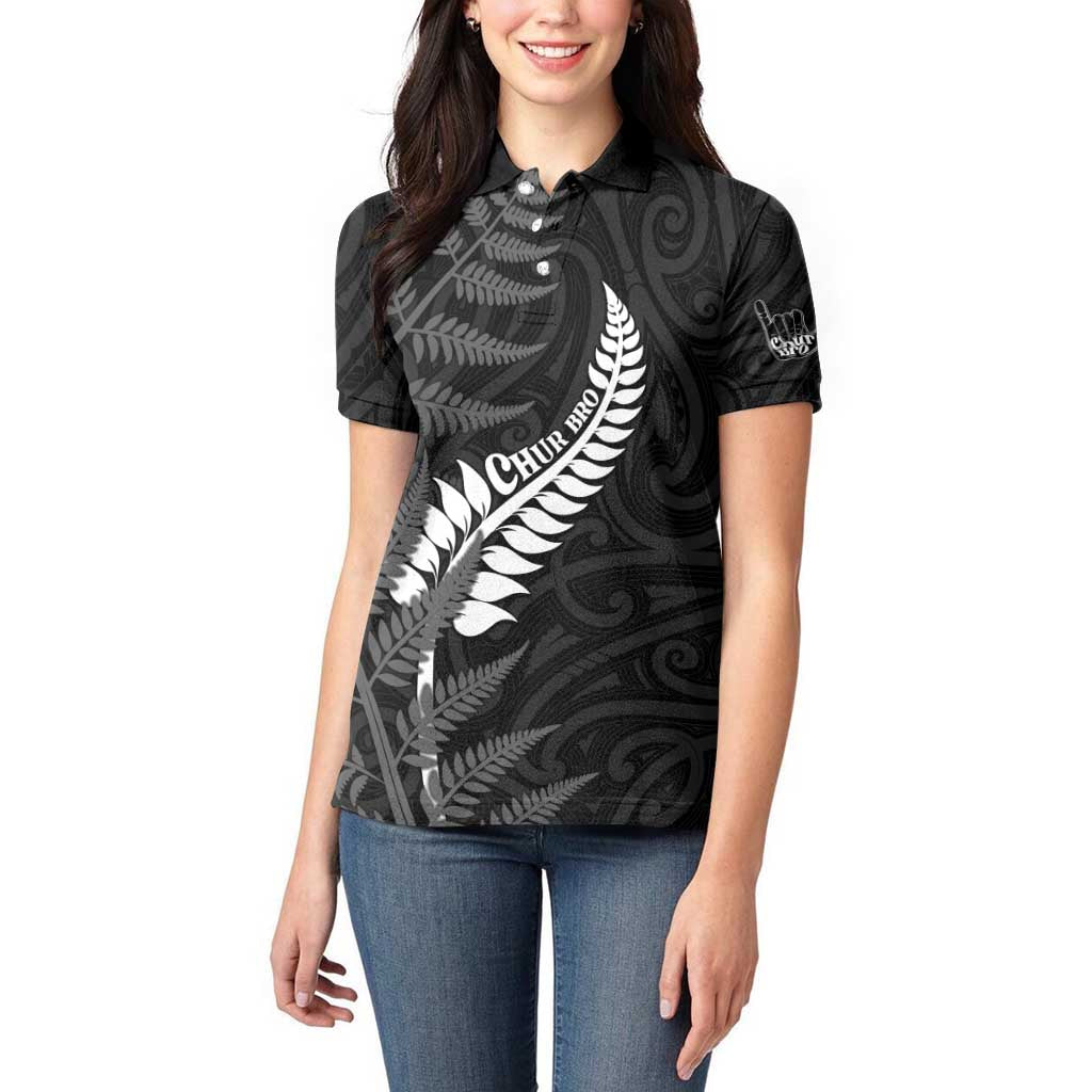 Personalised New Zealand Chur Bro Women Polo Shirt Maori Koru With Silver Fern