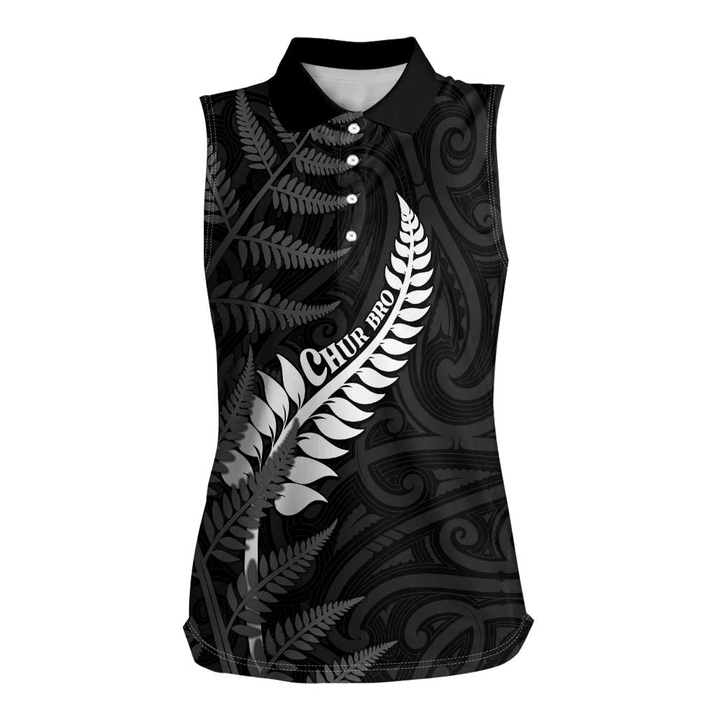 Personalised New Zealand Chur Bro Women Sleeveless Polo Shirt Maori Koru With Silver Fern