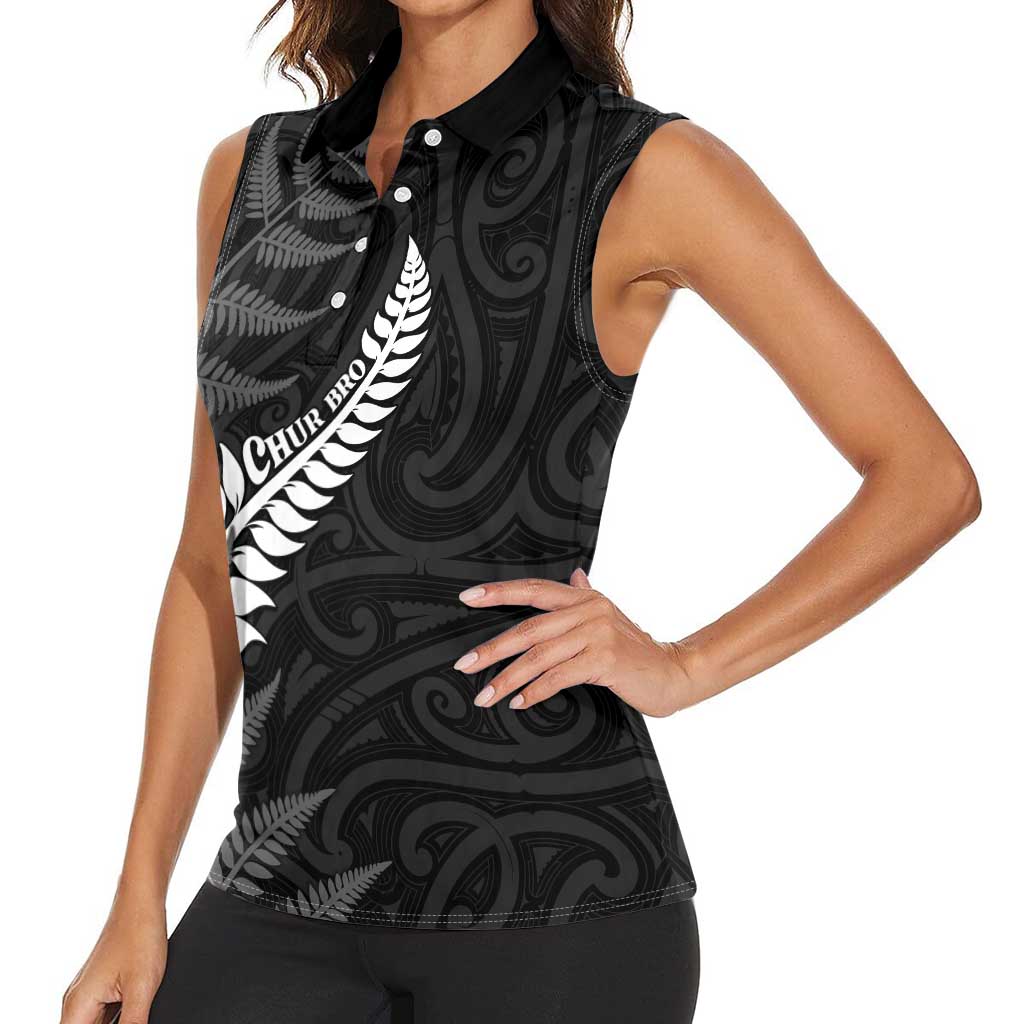 Personalised New Zealand Chur Bro Women Sleeveless Polo Shirt Maori Koru With Silver Fern