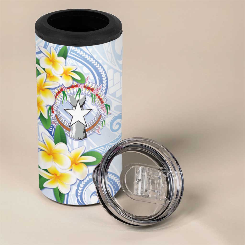 Northern Mariana Islands Chamorro 4 in 1 Can Cooler Tumbler Plumeria Curves Style White Version