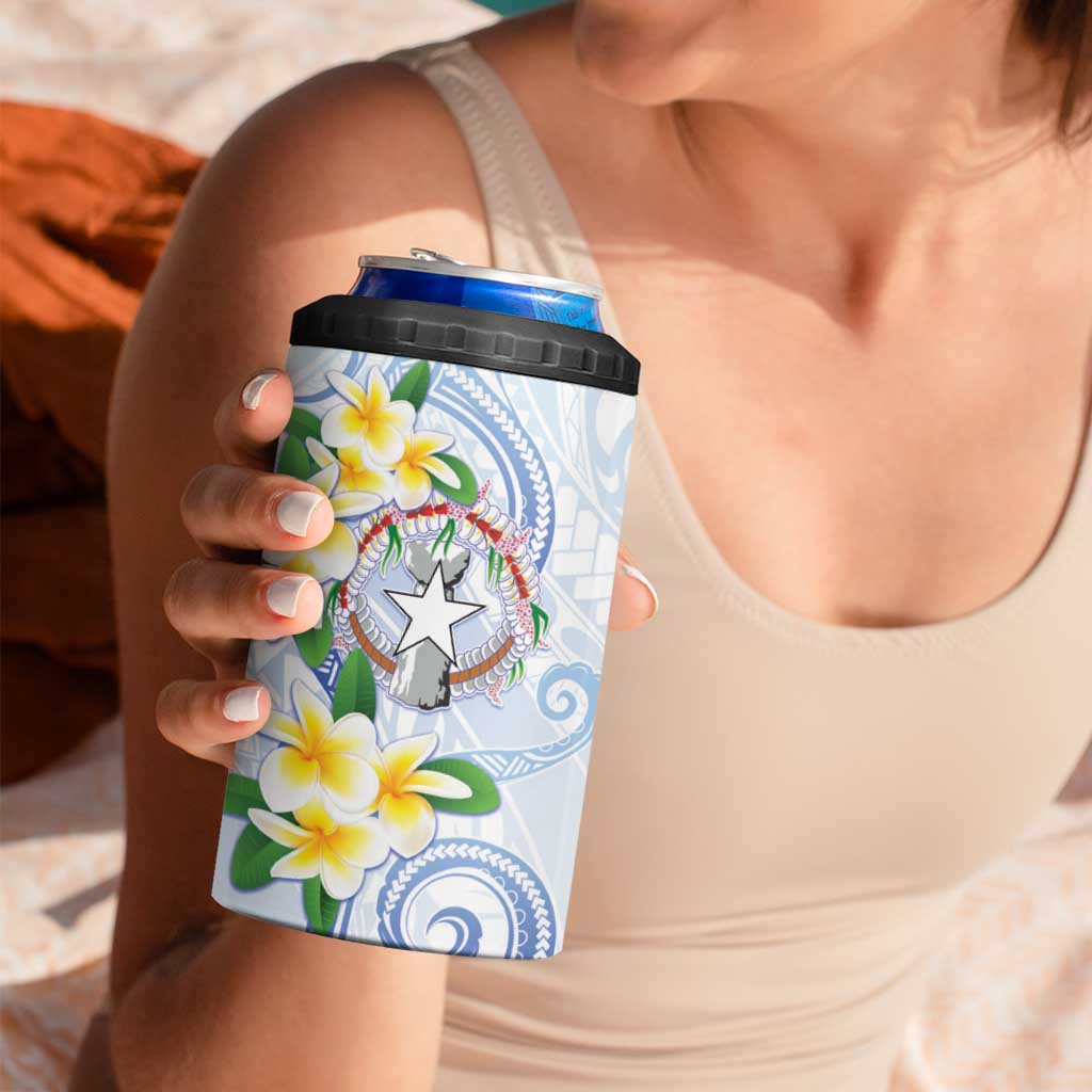 Northern Mariana Islands Chamorro 4 in 1 Can Cooler Tumbler Plumeria Curves Style White Version