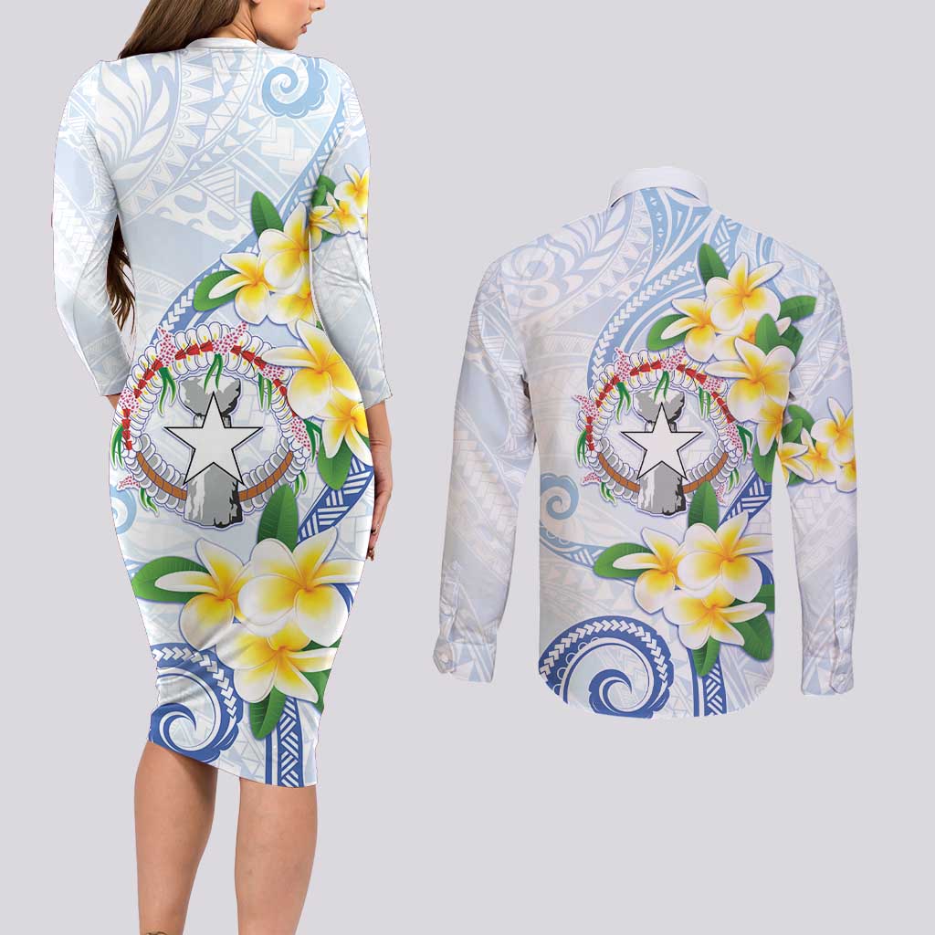 Northern Mariana Islands Chamorro Couples Matching Long Sleeve Bodycon Dress and Long Sleeve Button Shirt Plumeria Curves Style White Version