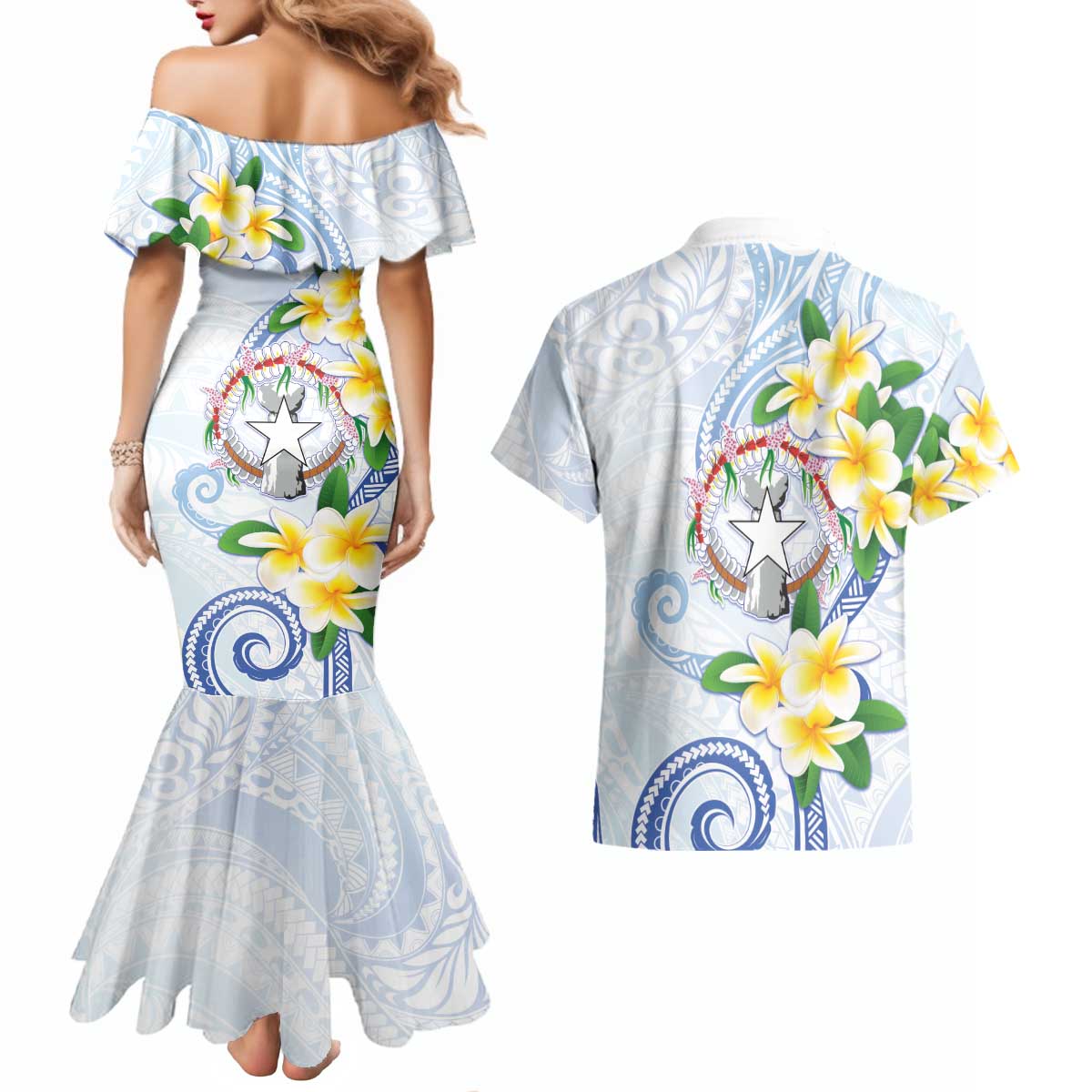 Northern Mariana Islands Chamorro Couples Matching Mermaid Dress and Hawaiian Shirt Plumeria Curves Style White Version
