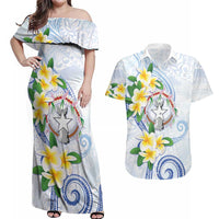 Northern Mariana Islands Chamorro Couples Matching Off Shoulder Maxi Dress and Hawaiian Shirt Plumeria Curves Style White Version