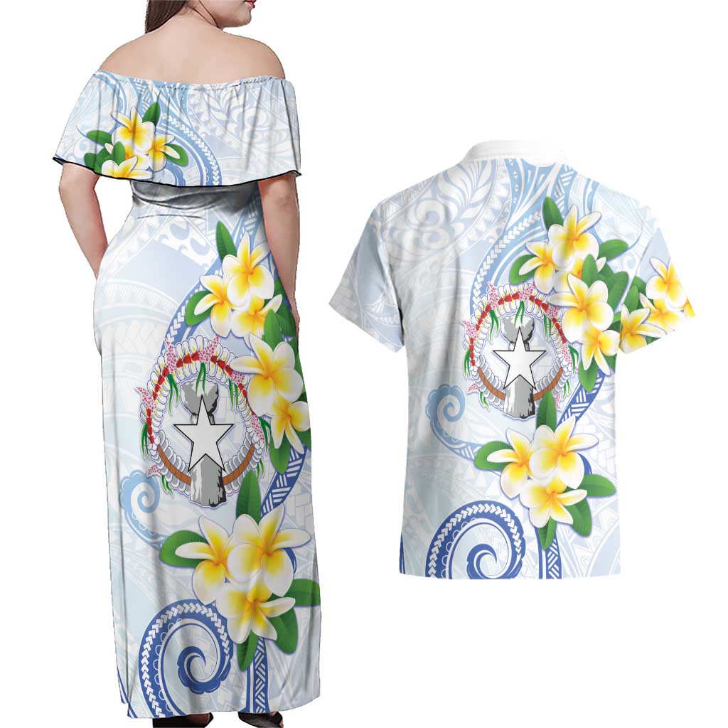 Northern Mariana Islands Chamorro Couples Matching Off Shoulder Maxi Dress and Hawaiian Shirt Plumeria Curves Style White Version